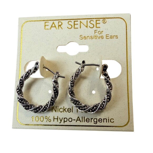 Y2K Silver Tone Textured Rope Twist Hoop Earring 3/4" Nickel Free Hypoallergenic - Picture 2 of 5